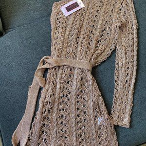 Brand New one sleeve gold rose lace dress with belt, $30